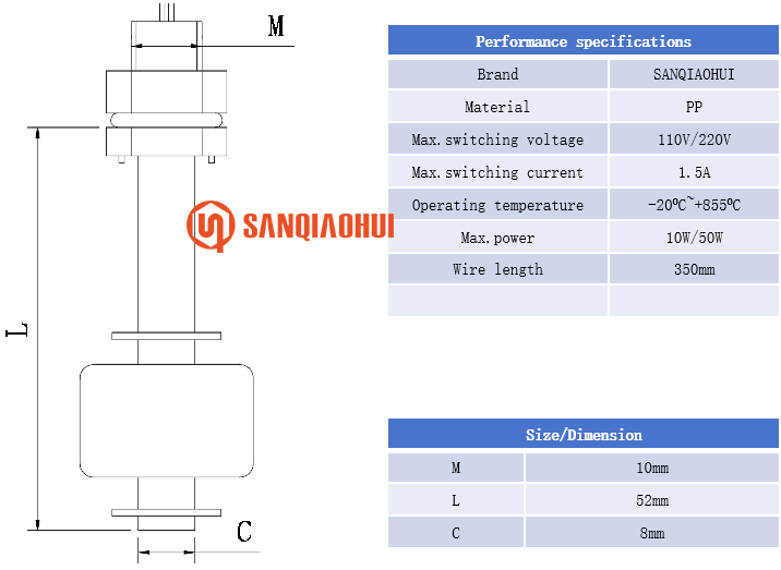 SQH107 45mm Stainless Steel Float Level Switch 220v Liquid Level Sensor Switch Single Float Ball On Off Vertical Float Switch