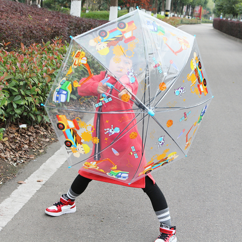 Factory Wholesale Long Handle Transparent Cartoon POE Kids Children Umbrella for Back To School