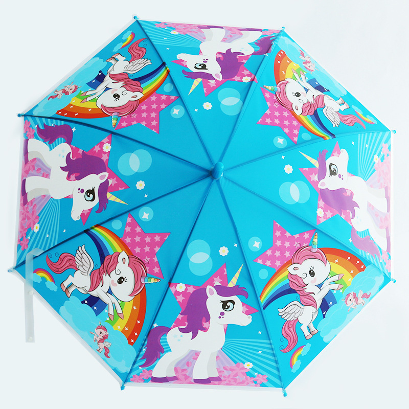 Factory Direct Cartoon Cute Blue Unicorn Long Handle Umbrella For Children's Gift Outing Hiking Straight Umbrella With Whistle