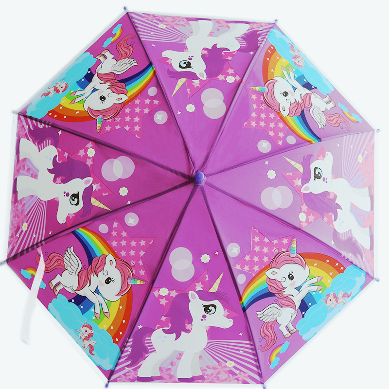 Factory Direct Cartoon Cute Blue Unicorn Long Handle Umbrella For Children's Gift Outing Hiking Straight Umbrella With Whistle