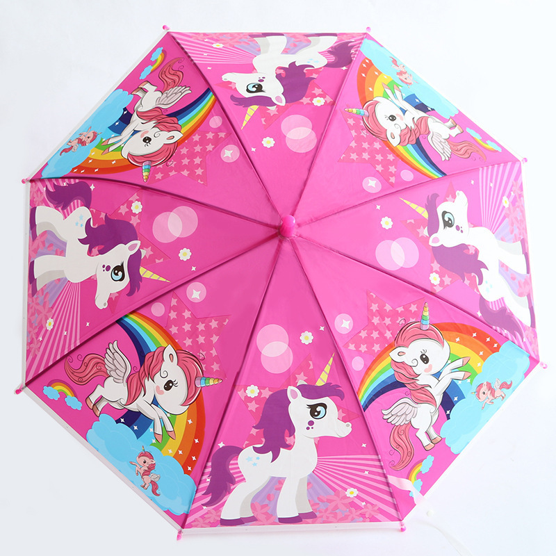 Factory Direct Cartoon Cute Blue Unicorn Long Handle Umbrella For Children's Gift Outing Hiking Straight Umbrella With Whistle