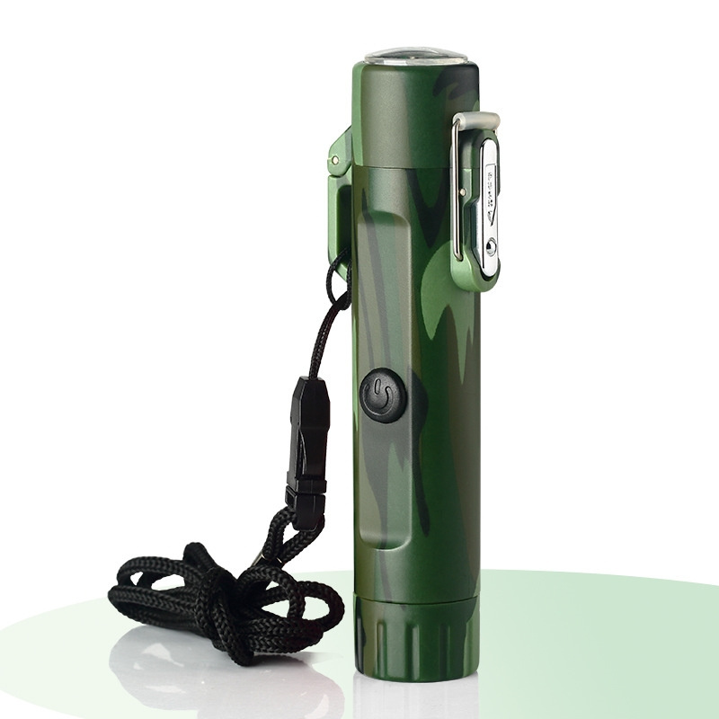 Hot Sales Multi-Function 3 in 1 Electric pulse Lighter With Compass Flashlight With Sling Double Arc Lighter For Outdoors Rescue