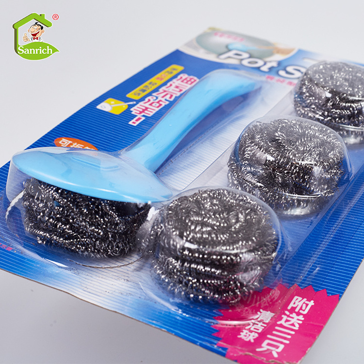 Spiral Stainless Steel Scourer / Scrubber Cleaning Ball For Kitchen Cleaning With Removable Handle