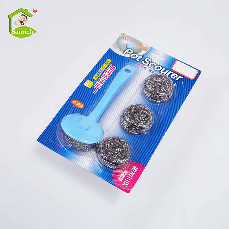 Spiral Stainless Steel Scourer / Scrubber Cleaning Ball For Kitchen Cleaning With Removable Handle