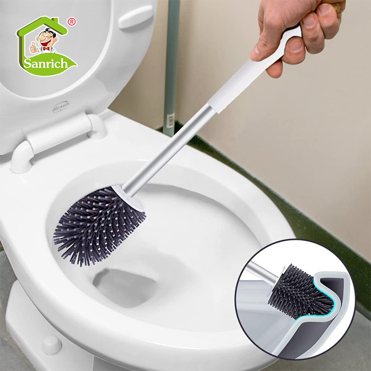 Eco Friendly Silicone Head Standing Toilet Brush Stainless Steel Handle Single Hockey Silicone Sanitary Toilet Brush