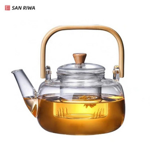 1000ml Glass Teapot with Removable Glass Infuser And Wooden Bamboo Handle Stovetop Safe Tea Kettle