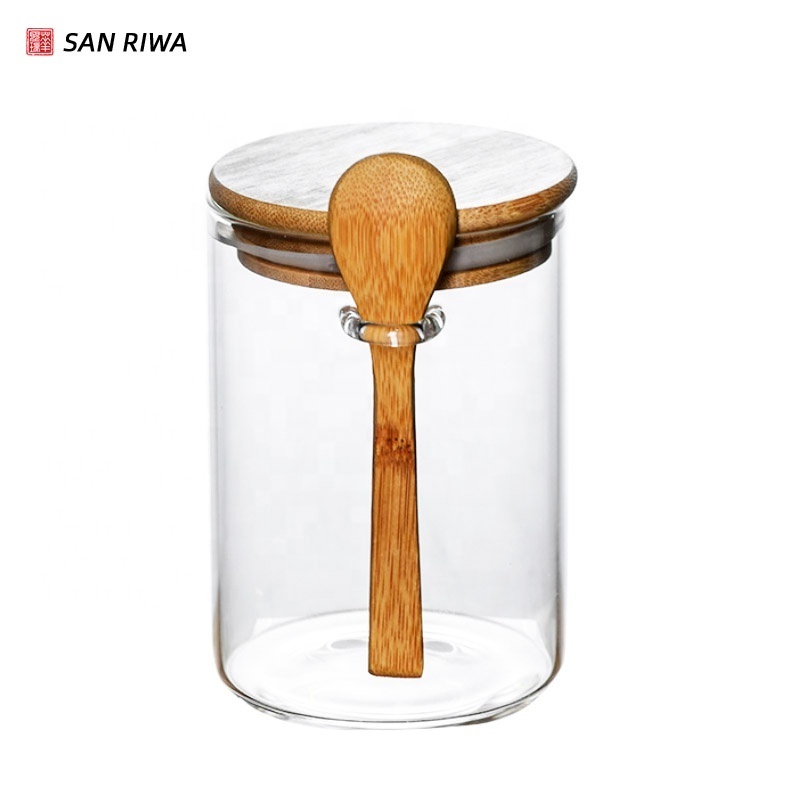 Eco-Friendly Feature Borosilicate Glass Food Spice Jar Airtight Clear Glass Storage Jar with Bamboo Spoon and Press Lid