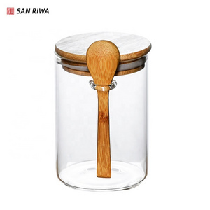 Eco-Friendly Feature Borosilicate Glass Food Spice Jar Airtight Clear Glass Storage Jar with Bamboo Spoon and Press Lid