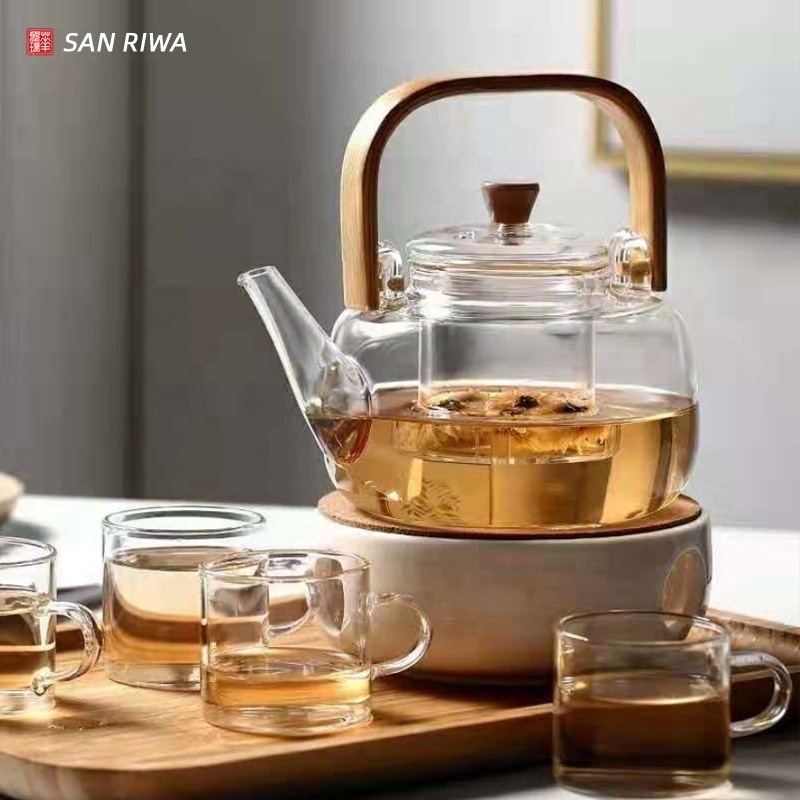 1000ml Glass Teapot with Removable Glass Infuser And Wooden Bamboo Handle Stovetop Safe Tea Kettle