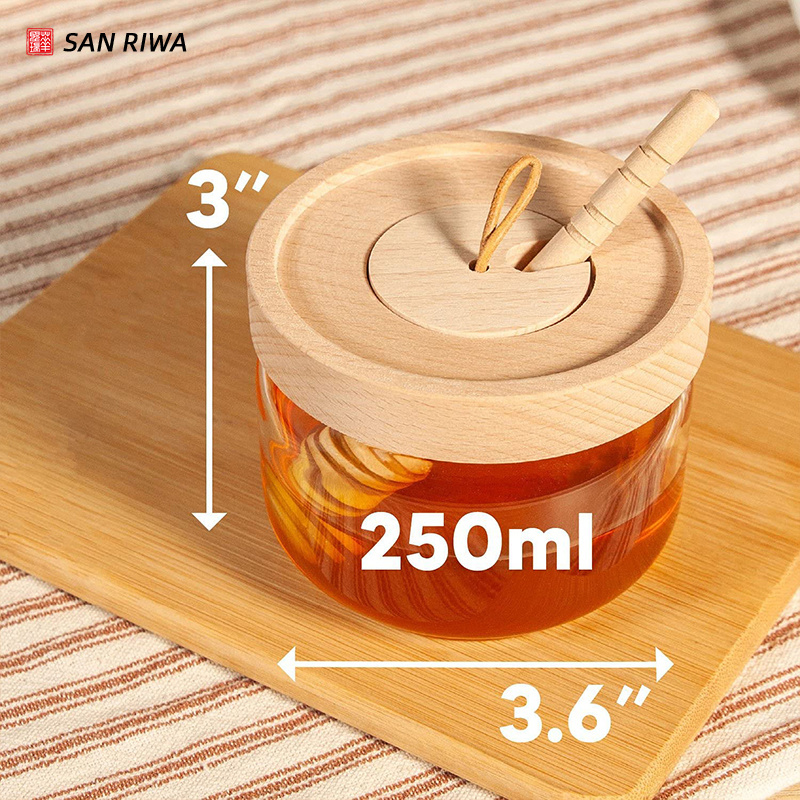 Honey Glass Jar with Dipper and Wooden Lid Fancy Honey Bee Pot 250ml