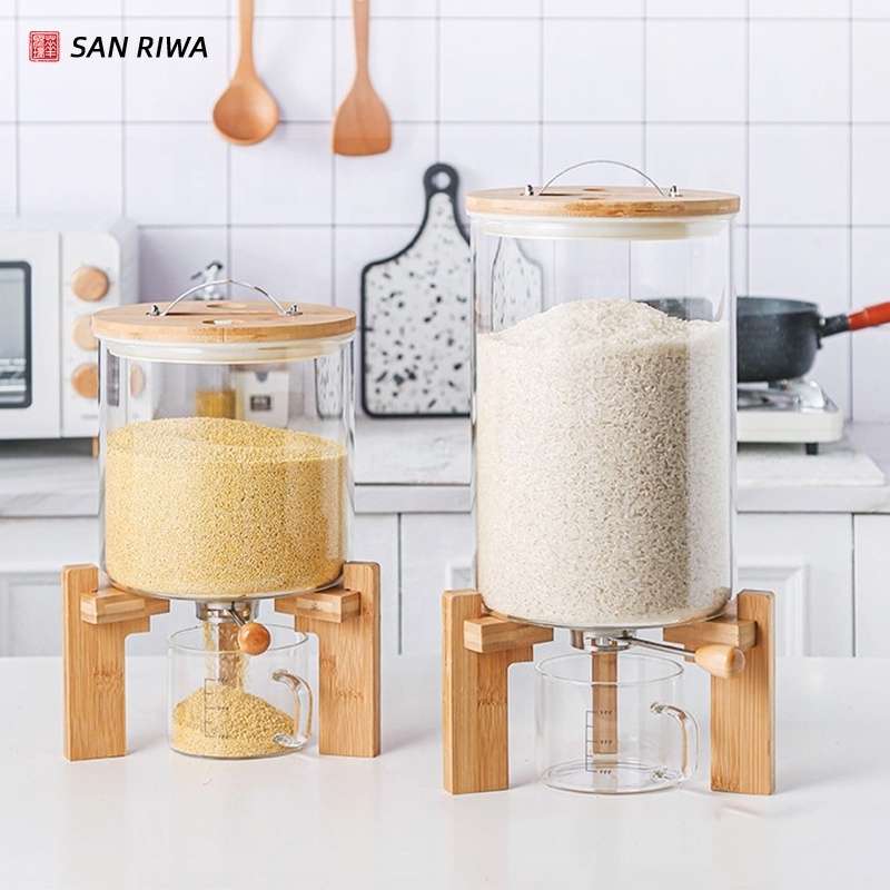 Flour and Cereal Container Dispenser Glass Food Storge Jar for Kitchen and Pantry Store Pet Food Airtight Lid and Wooden Stand