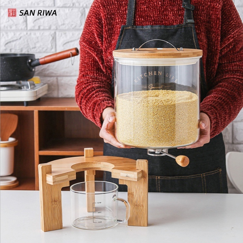 Flour and Cereal Container Dispenser Glass Food Storge Jar for Kitchen and Pantry Store Pet Food Airtight Lid and Wooden Stand