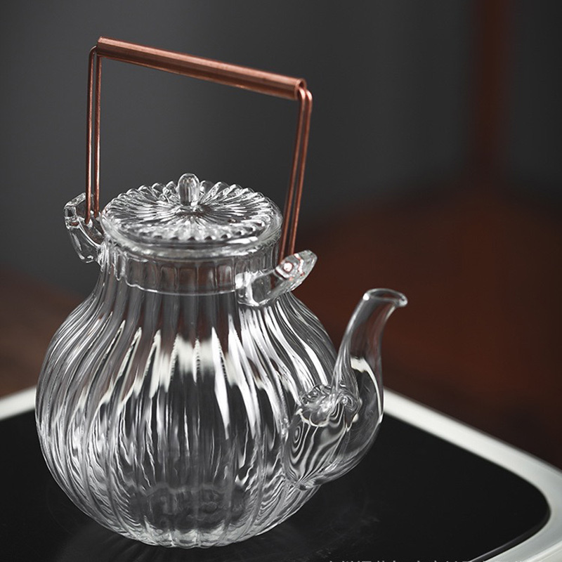 Chinese Teapot Glass Stovetop Kung Fu Teapot Fancy Tea Set Coffee Warmer Heatproof Glass Tea Maker Petal Pattern Glass Teapot