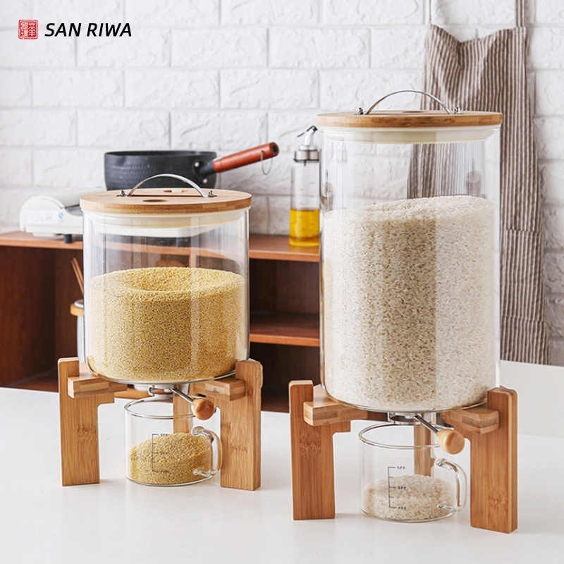 Flour and Cereal Container Dispenser Glass Food Storge Jar for Kitchen and Pantry Store Pet Food Airtight Lid and Wooden Stand