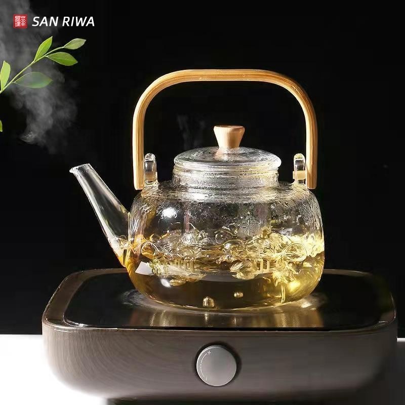 1000ml Glass Teapot with Removable Glass Infuser And Wooden Bamboo Handle Stovetop Safe Tea Kettle