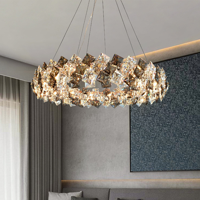 Round Hanging Pendant Light Adjustable Cable Ceiling Light Fixture for Living Room Modern Crystal Chandelier Lighting