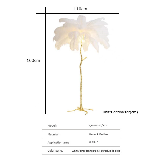 Luxury ostrich feather tree stand LED floor lamp for home living room decoration