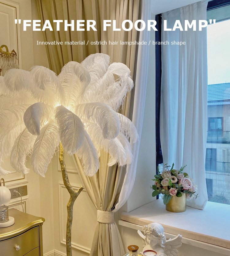 Luxury ostrich feather tree stand LED floor lamp for home living room decoration