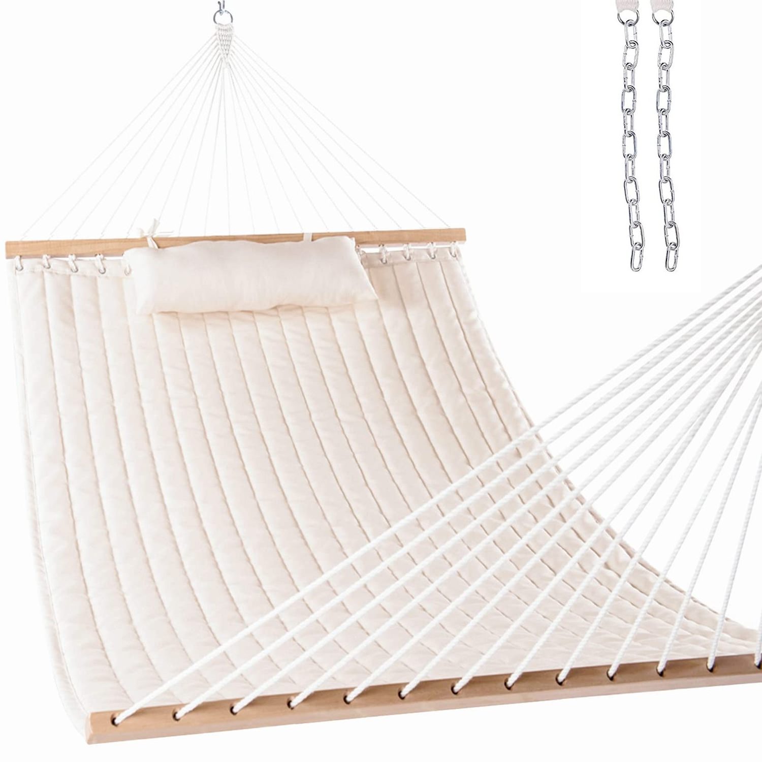 Durable Deluxe Swing Double Quilted Fabric Hammock with Spreader Bars and Detachable Pillow