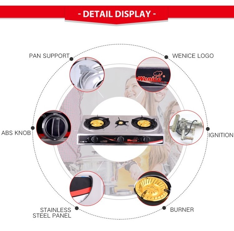 China gas stove three cast iron  burner 0.3 mm thickness of stainless steel panel gas cooker