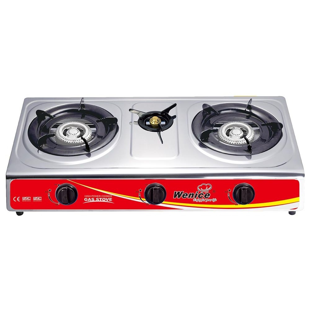 China gas stove three cast iron  burner 0.3 mm thickness of stainless steel panel gas cooker