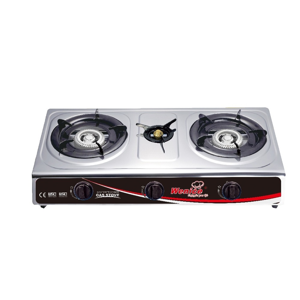 China gas stove three cast iron  burner 0.3 mm thickness of stainless steel panel gas cooker