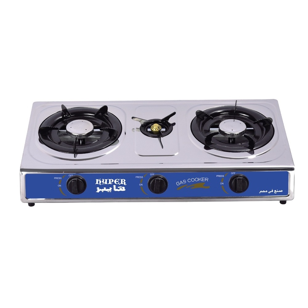 China gas stove three cast iron  burner 0.3 mm thickness of stainless steel panel gas cooker