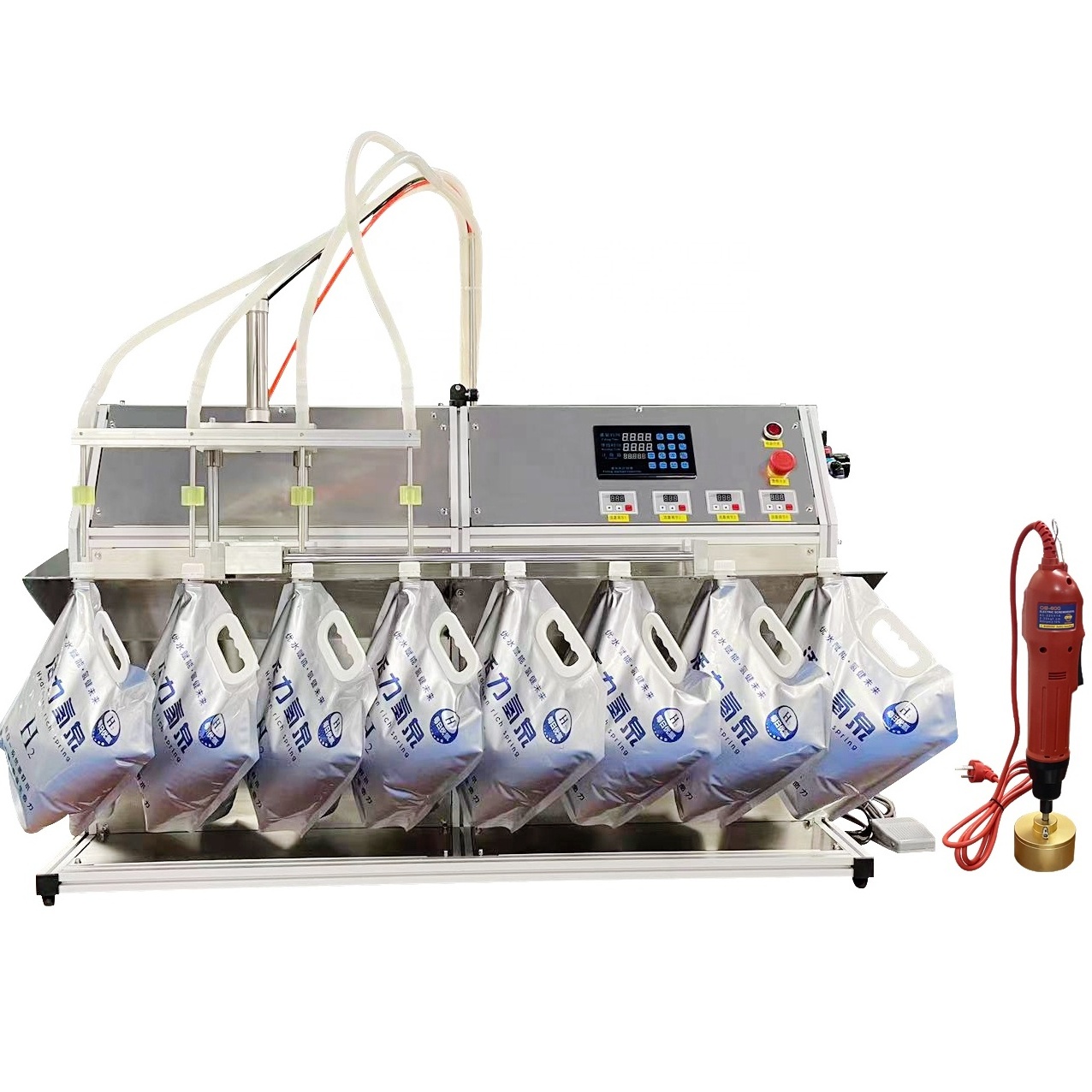 Semi-automatic Bench Top 4 Heads Spout Bag Liquid Oil Milk Juice Water Spout Pouch Filling Machine