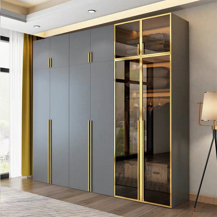 SANTOPOVA pvc glass transparent door custom 2022 mdf design gray models cupboards for bedroom closet wood wardrobe cabinets