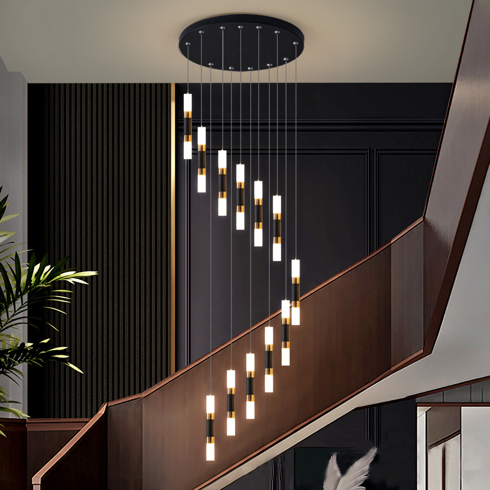 SANXIANG Black Aluminum Acrylic Dimmable Led Stairs Pendant Light Indoor Living Room Modern Chandelier