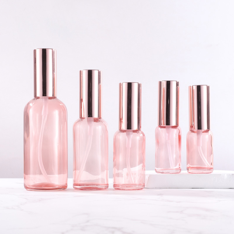 5ml 10ml 15ml 30ml 50ml 100ml 2oz 4OZ fine mist Pink glass spray perfume bottle with aluminum rose gold sprayer lotion pump