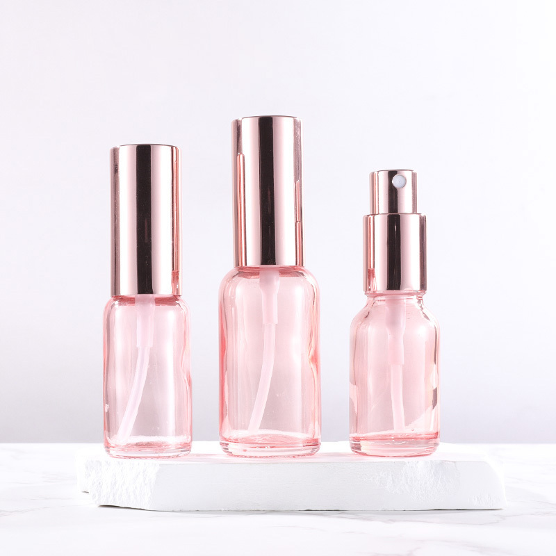 5ml 10ml 15ml 30ml 50ml 100ml 2oz 4OZ fine mist Pink glass spray perfume bottle with aluminum rose gold sprayer lotion pump