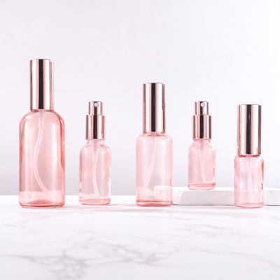 5ml 10ml 15ml 30ml 50ml 100ml 2oz 4OZ fine mist Pink glass spray perfume bottle with aluminum rose gold sprayer lotion pump