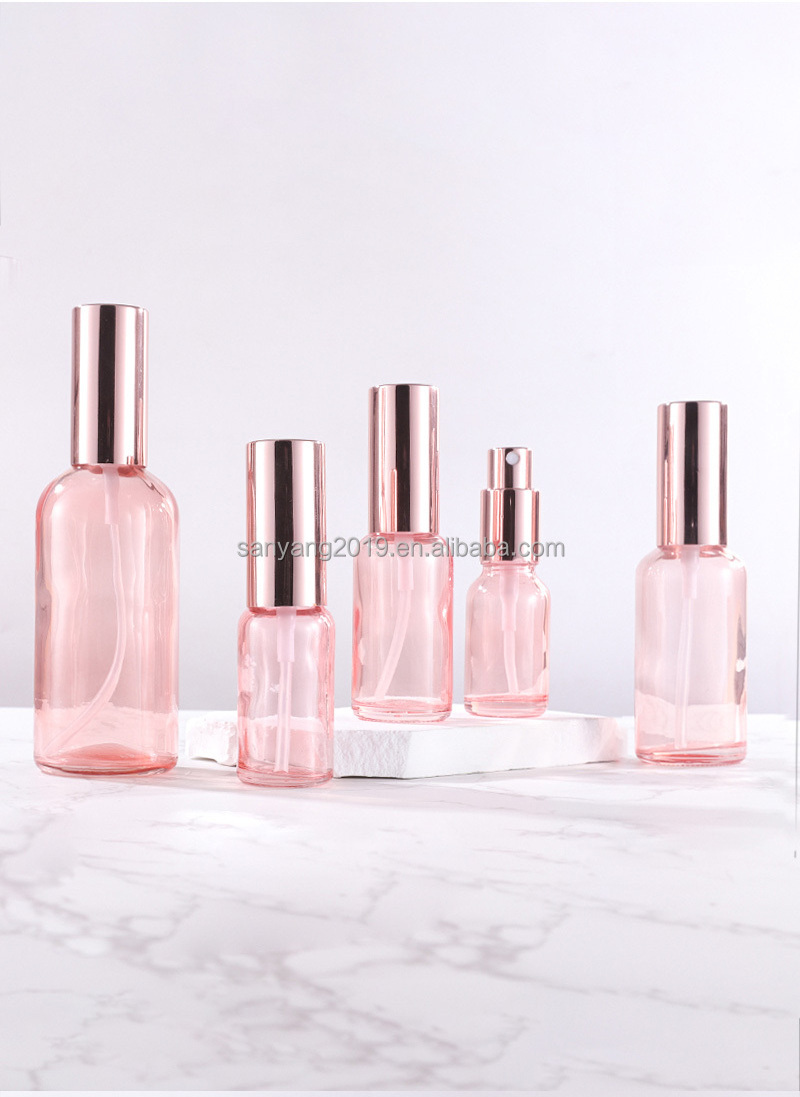 5ml 10ml 15ml 30ml 50ml 100ml 2oz 4OZ fine mist Pink glass spray perfume bottle with aluminum rose gold sprayer lotion pump