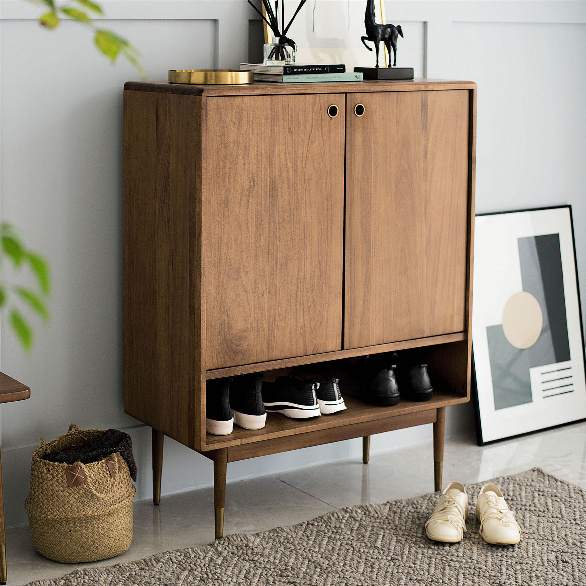 Nordic household breathable solid wood shoe cabinet modern minimalist small apartment walnut large capacity shoe rack