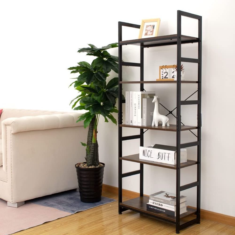 5 Tier Bookshelf Industrial Wood Bookcase Storage Rack with Open Shelves Rustic Standing Bookshelves