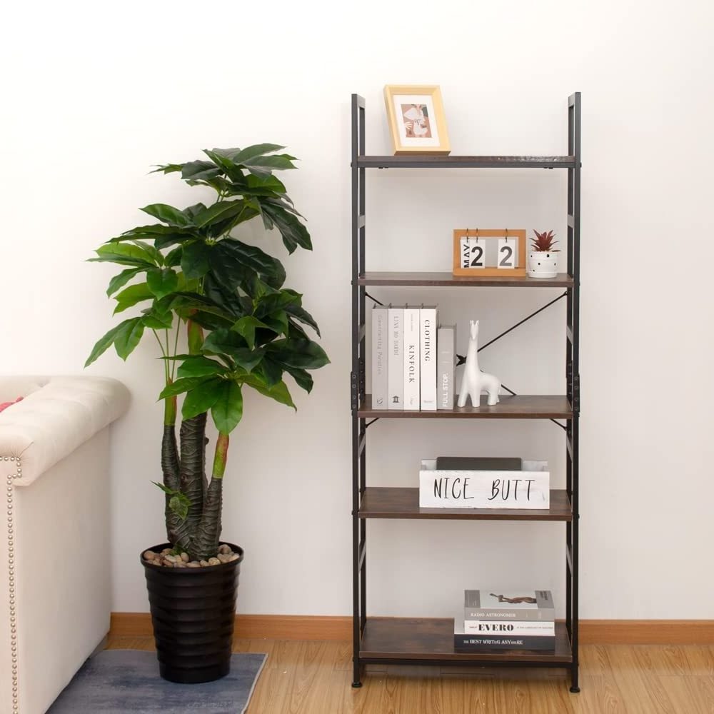 5 Tier Bookshelf Industrial Wood Bookcase Storage Rack with Open Shelves Rustic Standing Bookshelves