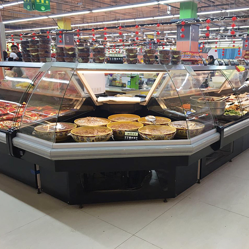 Supermarket corner fresh meat showcase chiller/commercial deli display refrigerator butcher fresh fish service counter