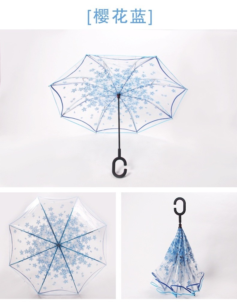 C-handle transparent reverse umbrella double layer no hold reverse umbrella creative manual folding sakura clear rain umbrella