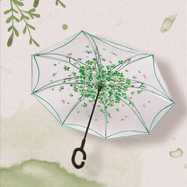 C-handle transparent reverse umbrella double layer no hold reverse umbrella creative manual folding sakura clear rain umbrella