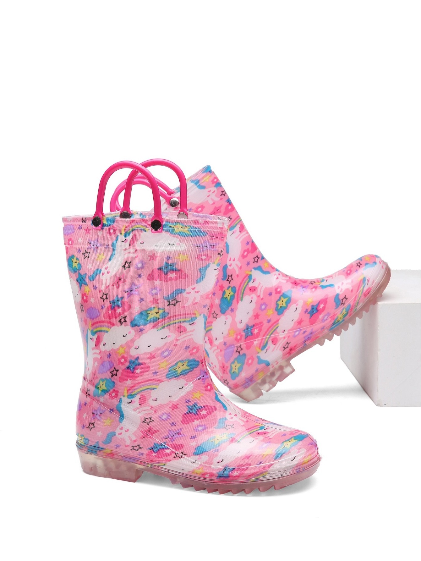 Clear high children rain shoes kindergarten baby mid-tube water rain boots large handle PVC sea dinosaur  flamingo unicorn print