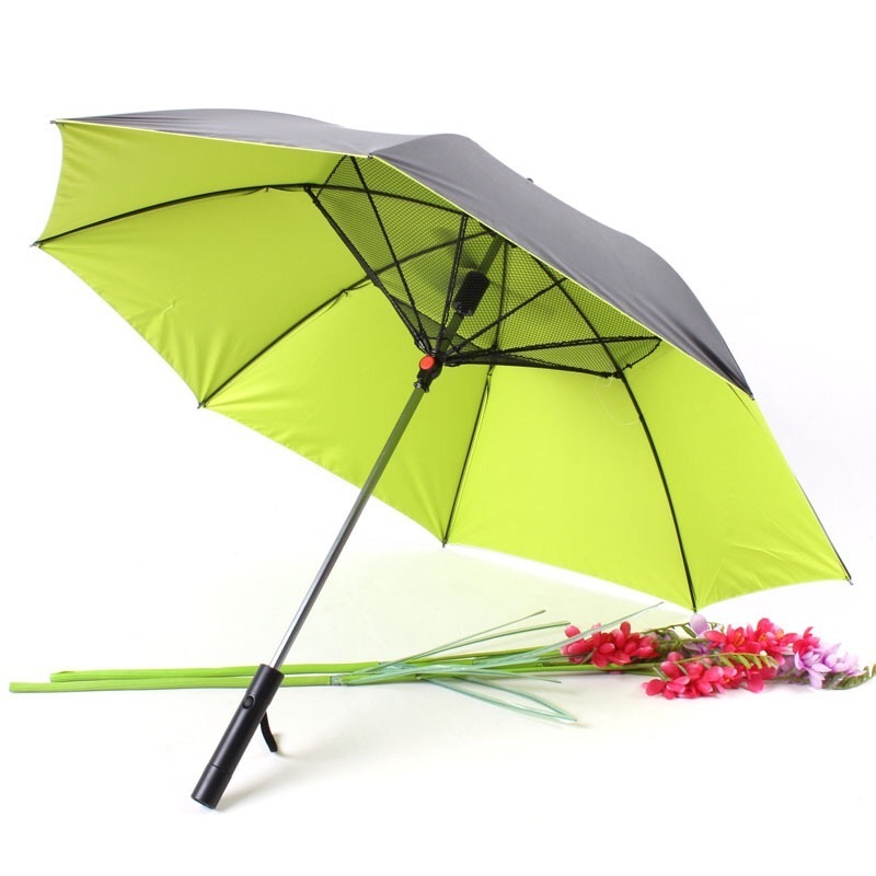 High quality custom slogan outdoor fan cool umbrella with USB port rechargeable solar umbrella parasol with fan for summer