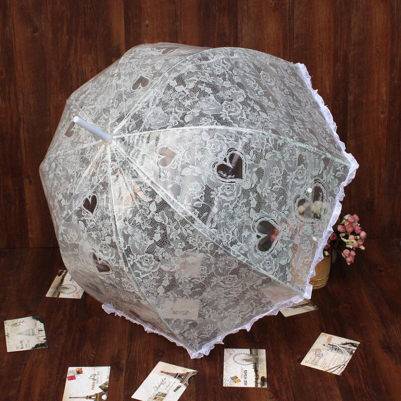 Fashionable lace parasol  transparent umbrella wedding automatic love heart mushroom shape princess straight umbrella parasol