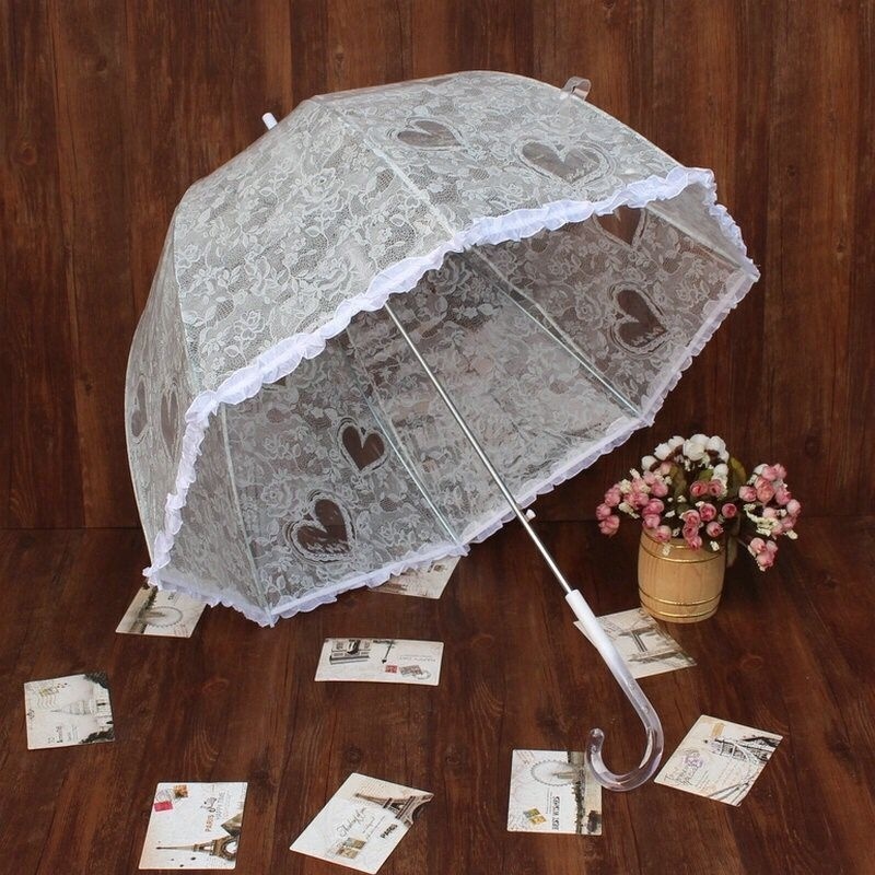 Fashionable lace parasol  transparent umbrella wedding automatic love heart mushroom shape princess straight umbrella parasol