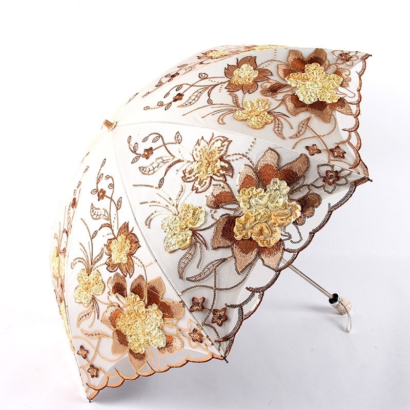 Luxury double layer flower pattern umbrella parasol UV fold lace embroidery black gel fashion design wedding umbrella for women