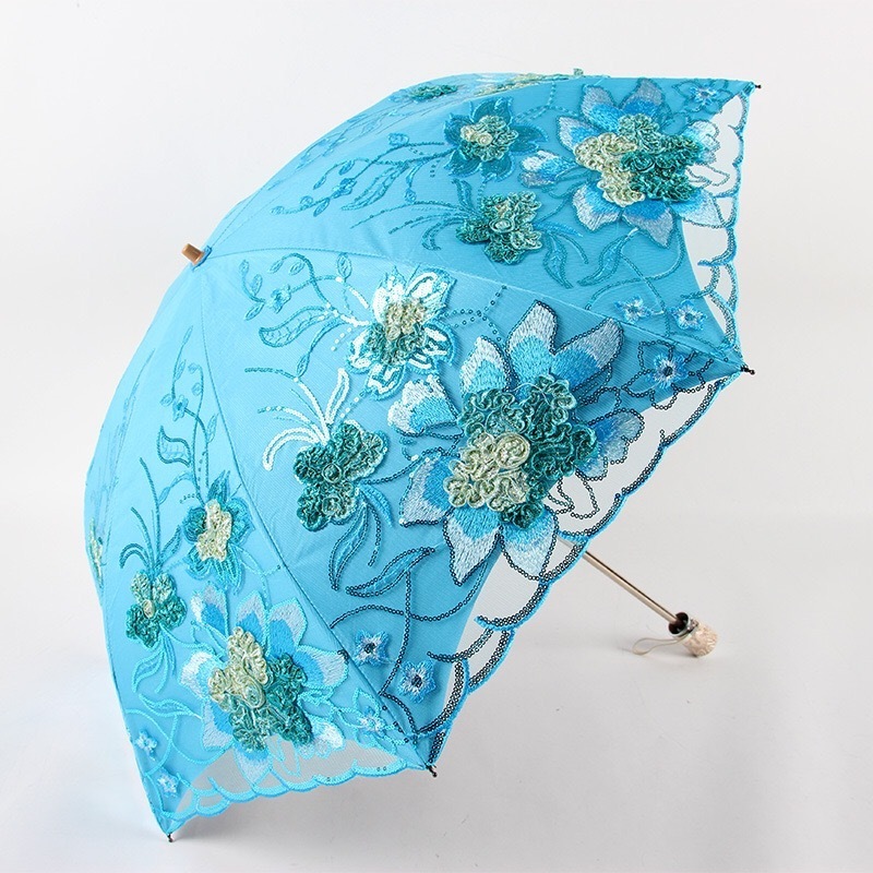 Luxury double layer flower pattern umbrella parasol UV fold lace embroidery black gel fashion design wedding umbrella for women