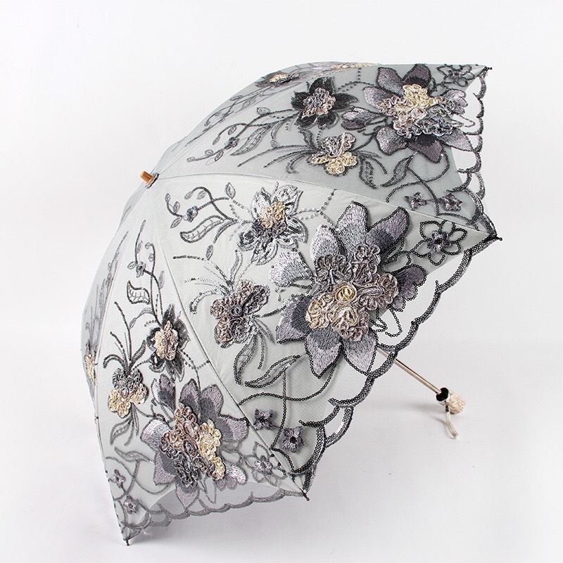 Luxury double layer flower pattern umbrella parasol UV fold lace embroidery black gel fashion design wedding umbrella for women