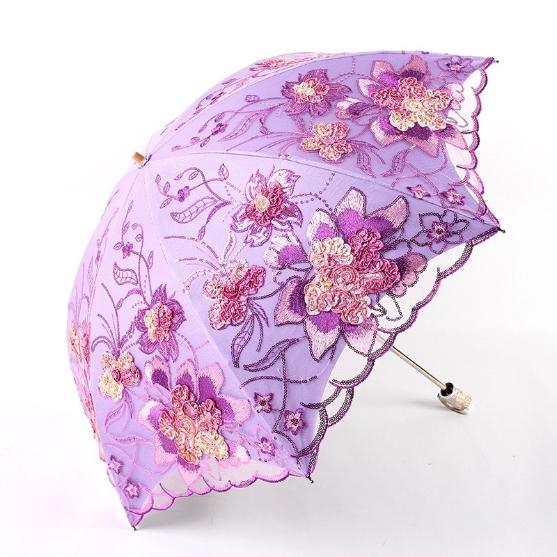 Luxury double layer flower pattern umbrella parasol UV fold lace embroidery black gel fashion design wedding umbrella for women