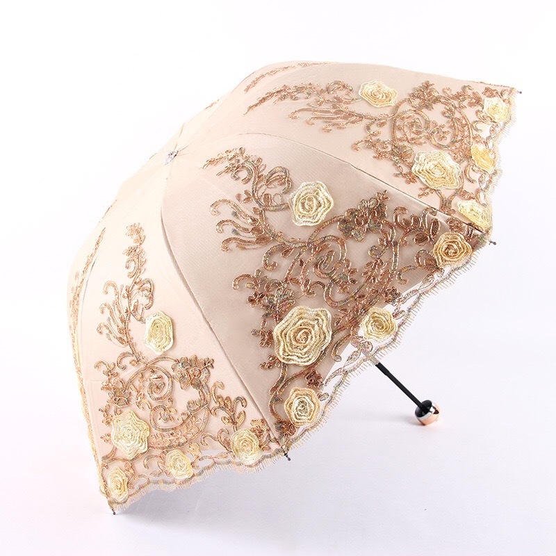 Super luxury elegant embroidery lace umbrella with case wedding black vinyl UV fold double layer lace umbrella parasol for lady