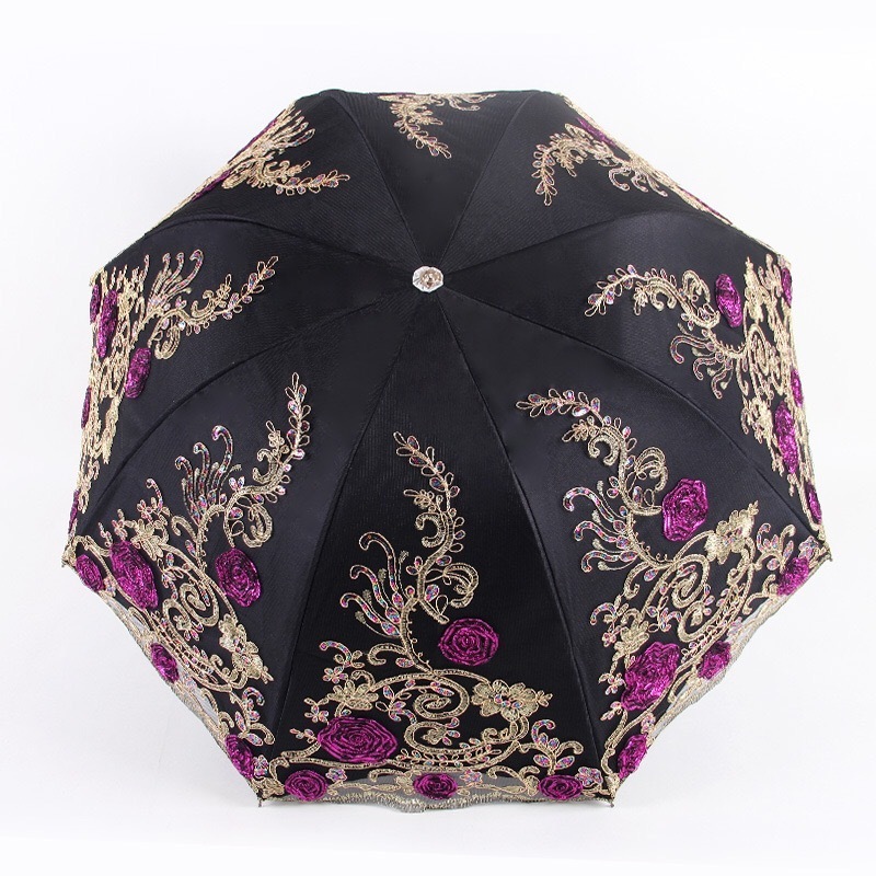 Super luxury elegant embroidery lace umbrella with case wedding black vinyl UV fold double layer lace umbrella parasol for lady